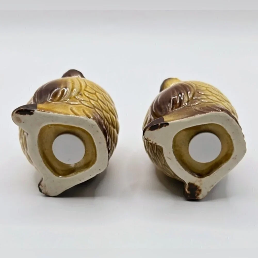 Vintage Japan Owl Salt and Pepper Shakers Brown Ceramic Google Eye Pair